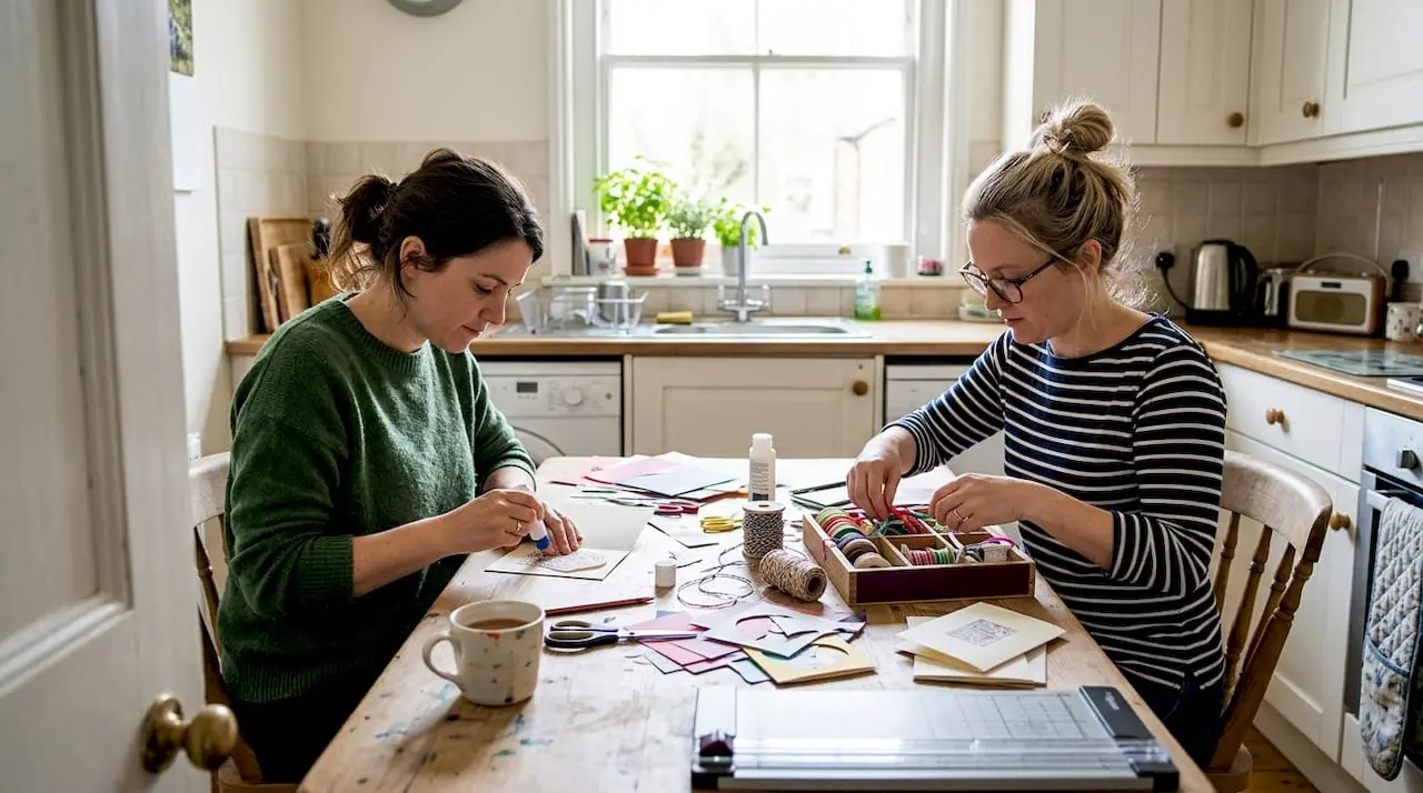Women creating handmade cards at kitchen table