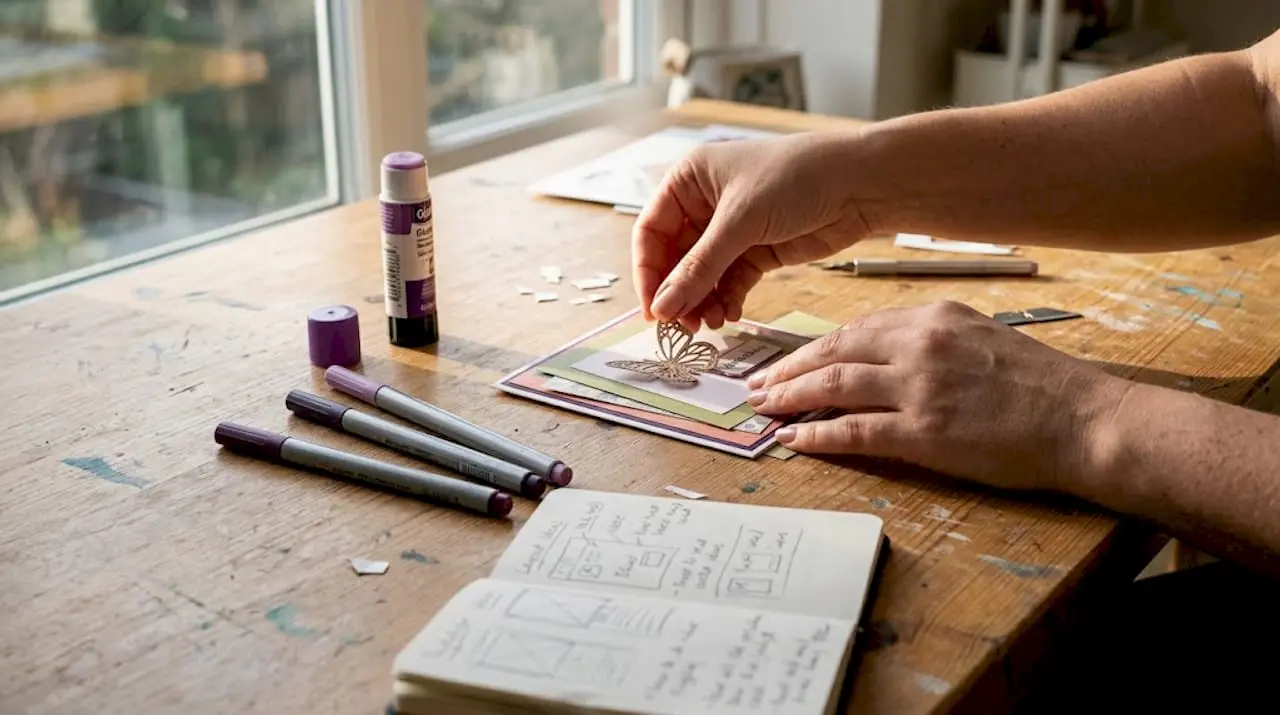 Hands arranging themed card layers on table