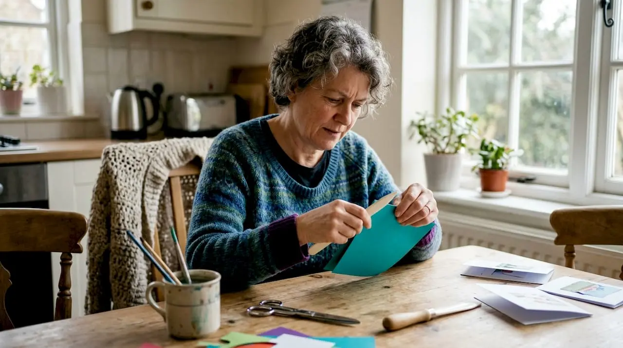 Crafter folding card at sunny kitchen table