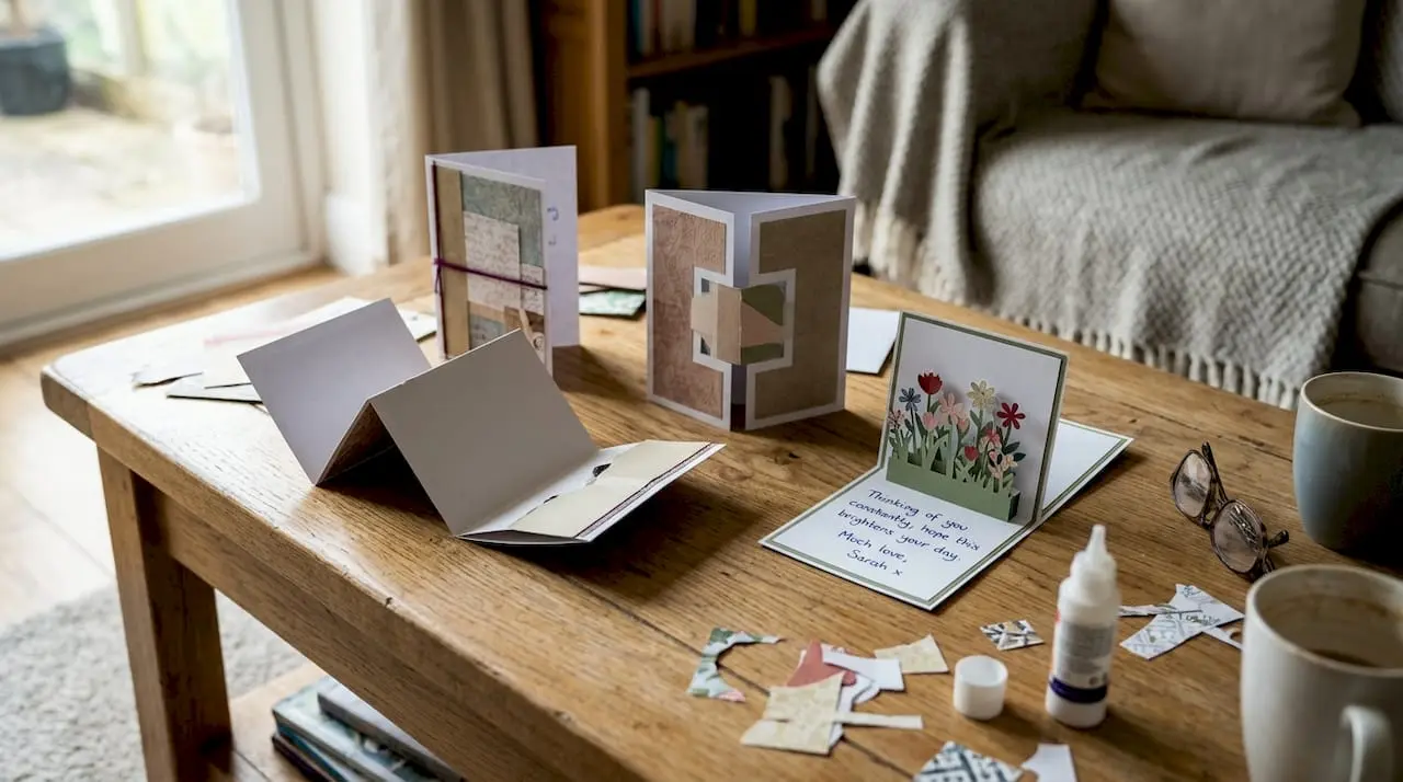 Table with folded handmade cards and supplies