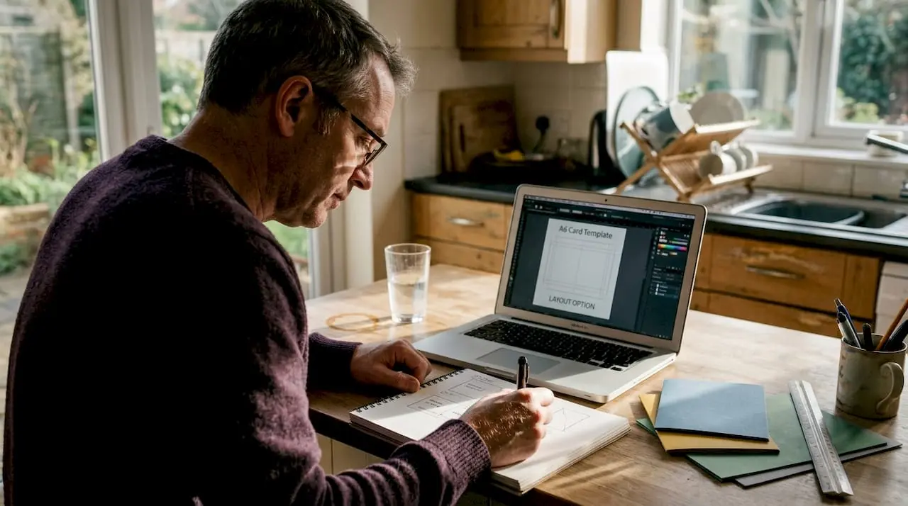 Person sketching card layout at a kitchen island