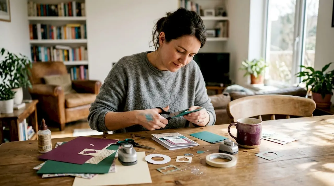 Person assembling greeting cards at a home table