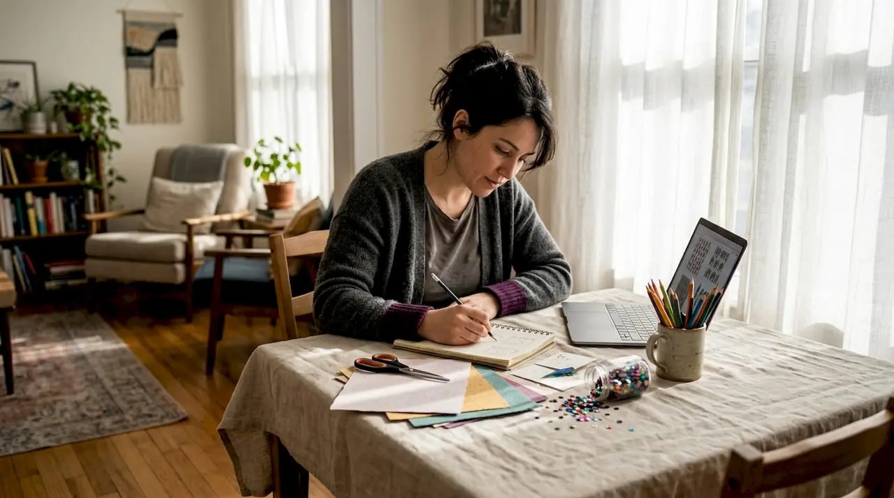 Artisan designing crafts at bright home table