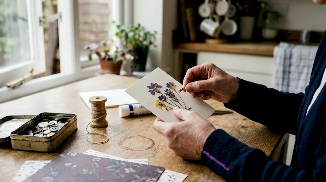 Hands decorating card with pressed flowers