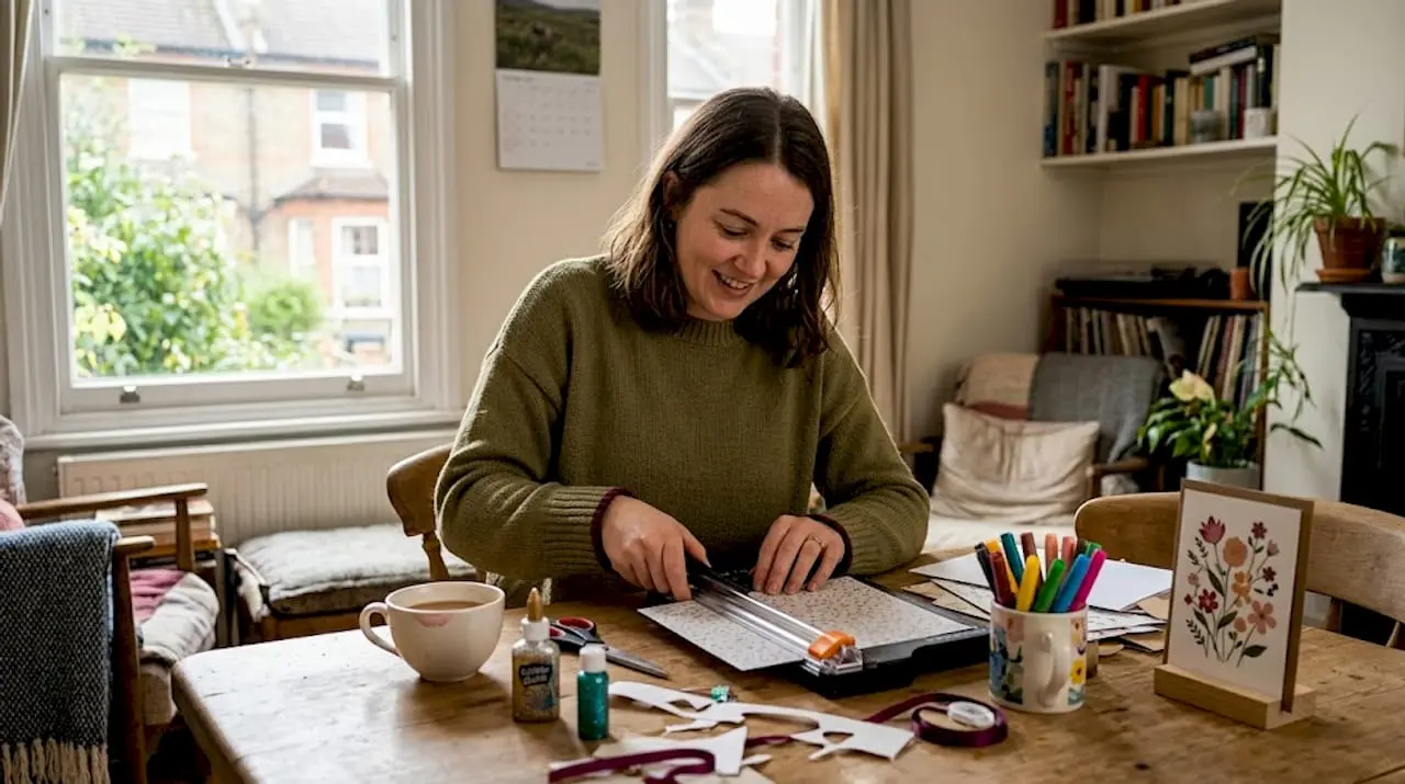 Woman making handmade cards in home