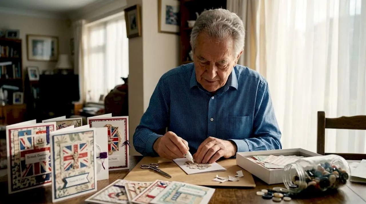 Man making greeting cards with craft supplies