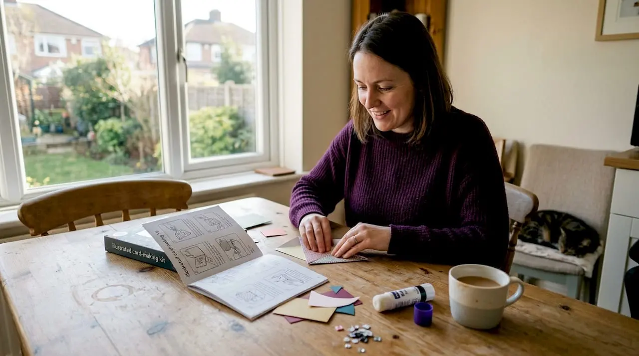 Woman working with paper craft kit at home
