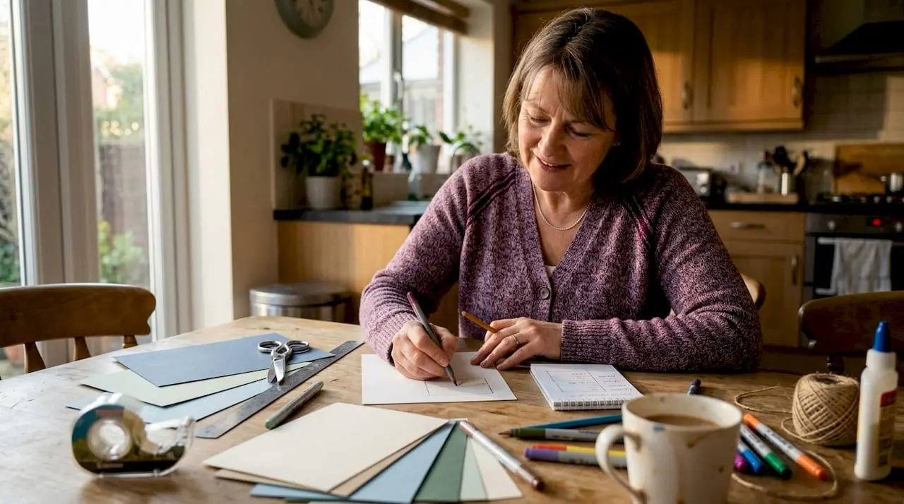 Woman designing card template at casual craft desk
