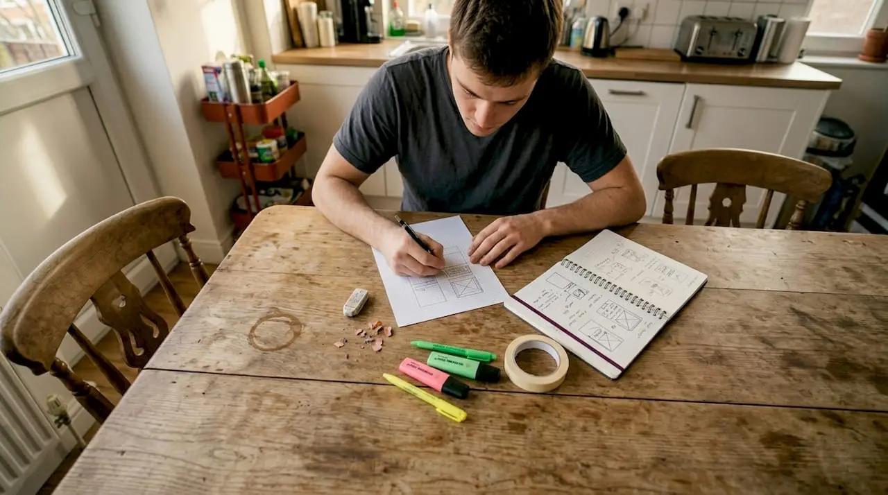 Person sketching card template on grid paper