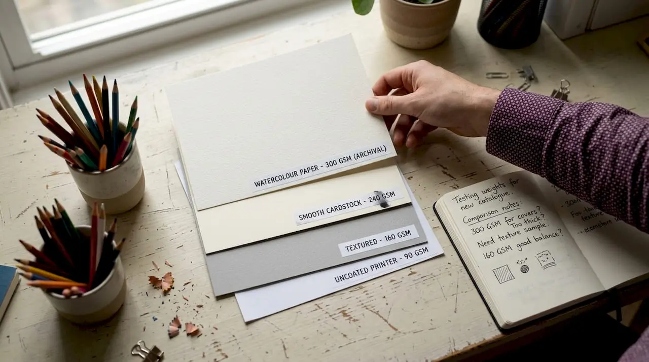 Stacked labeled paper samples for crafting