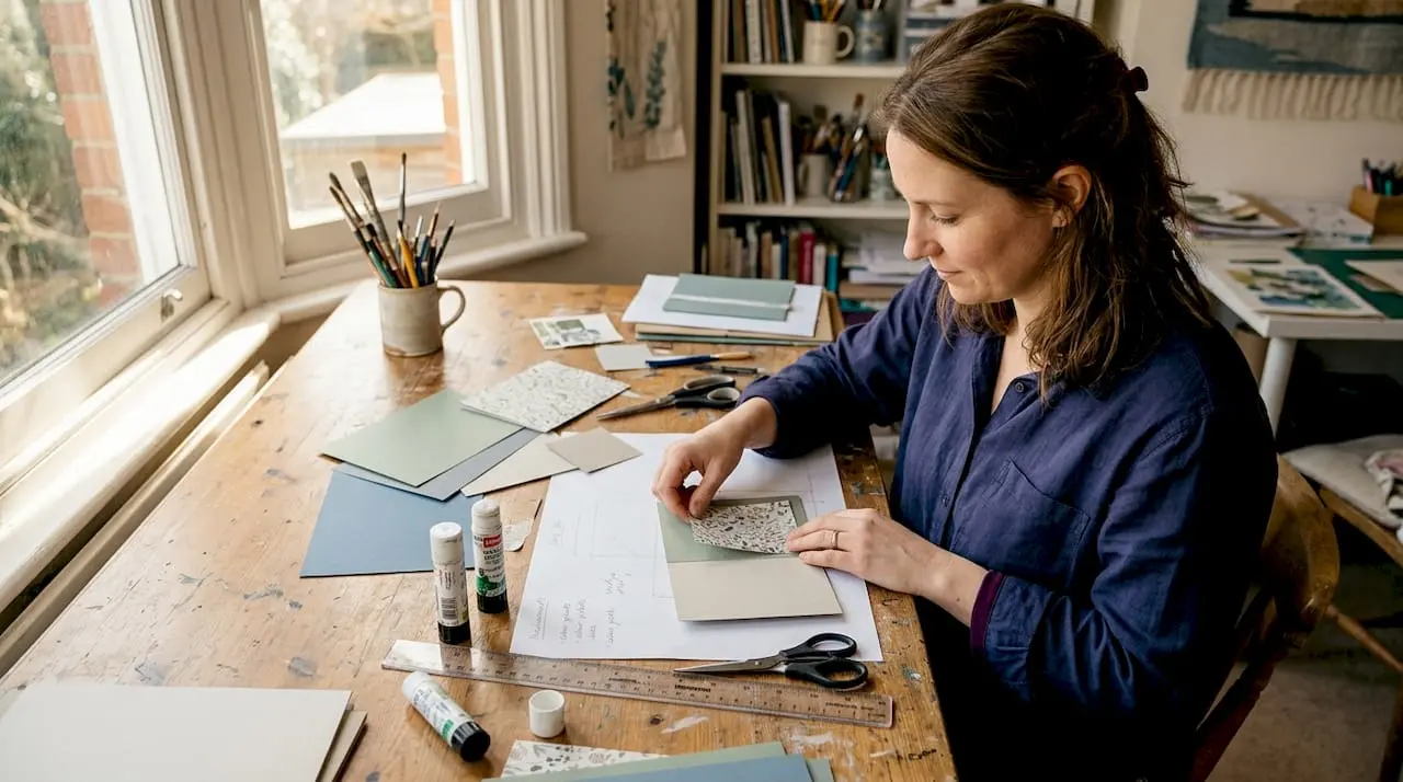 Crafter working at home paper crafting table