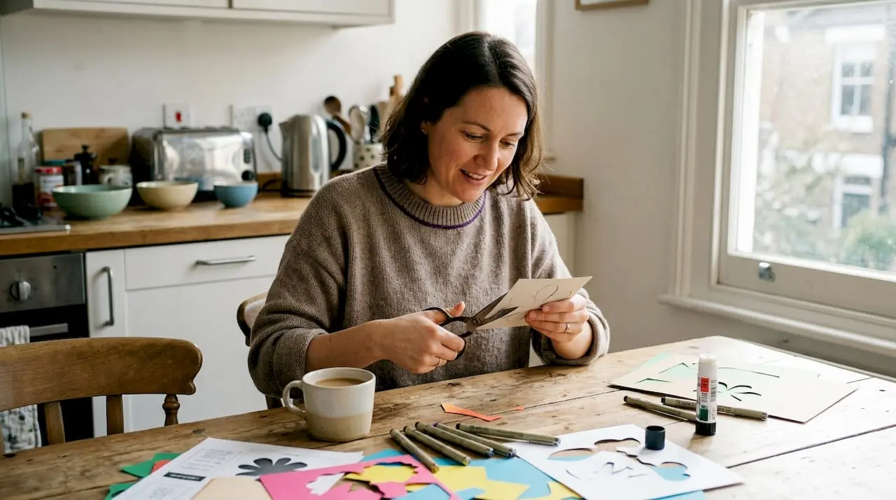 Making handmade cards with printables at kitchen table