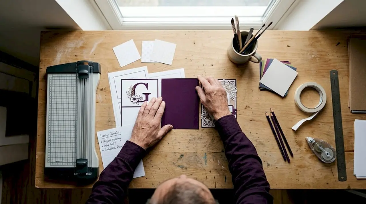 Hands assembling printable card kit in home studio