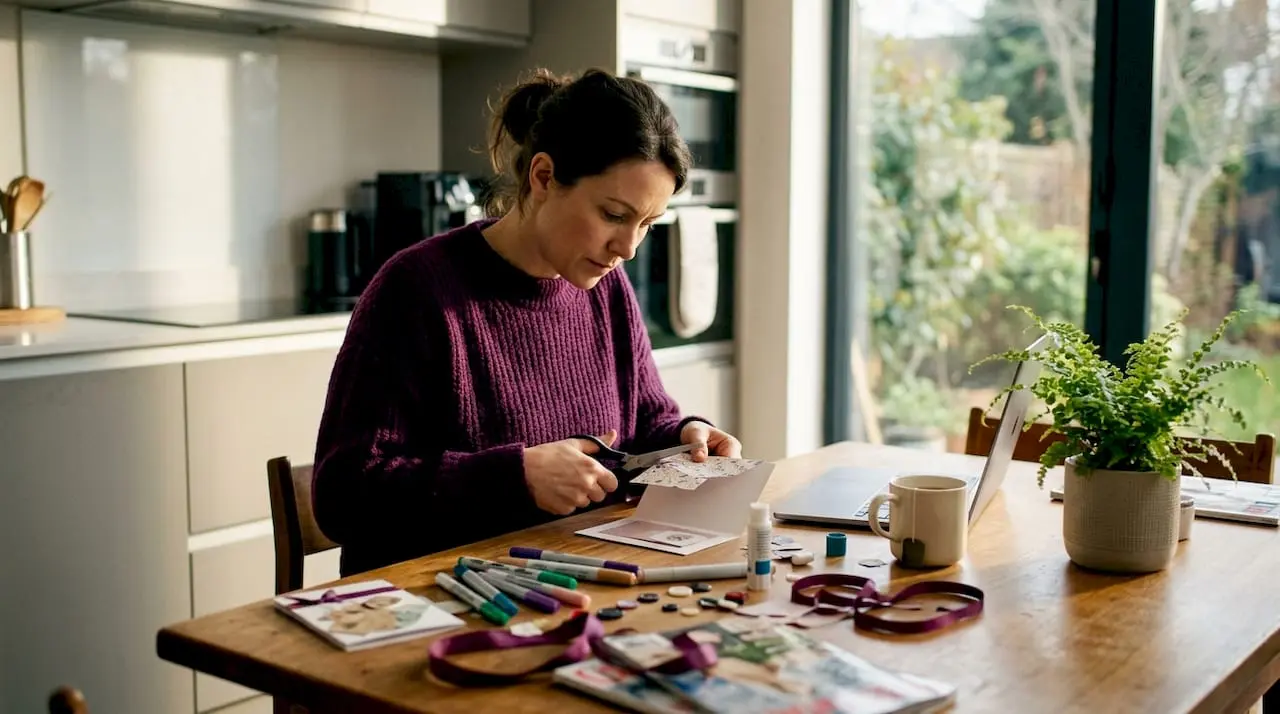 Woman making creative DIY cards at kitchen table