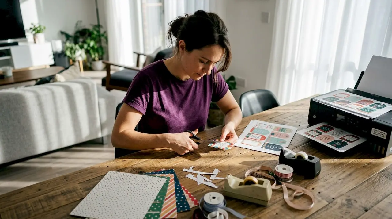 Crafter making printable gift tags at sunny home table