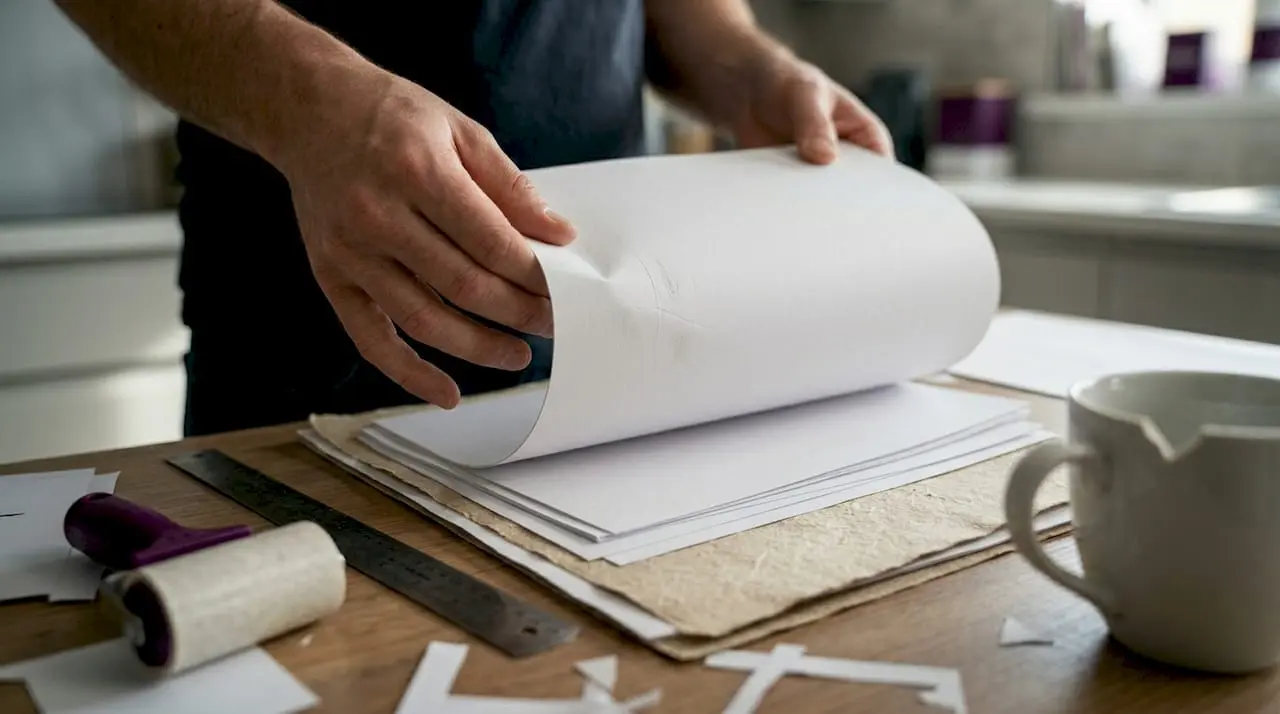 Hands checking cardstock and craft paper quality