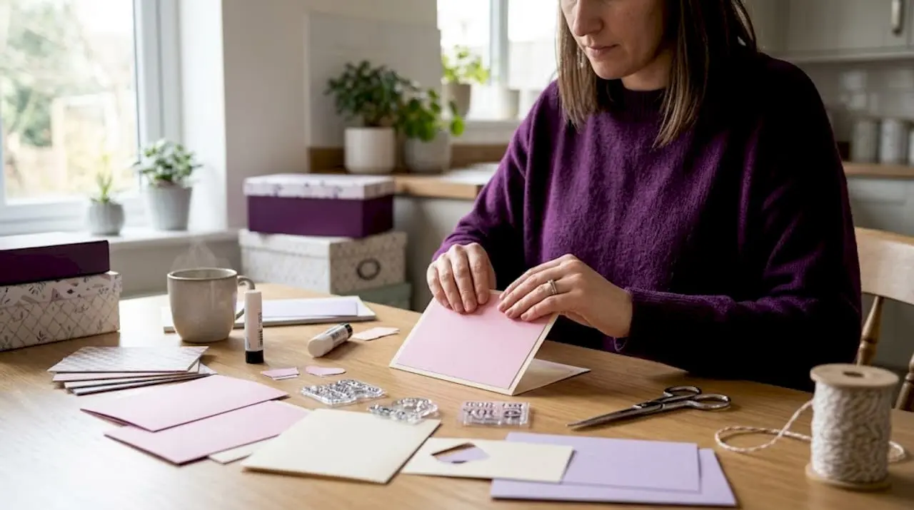 Craftsperson assembling a handmade card at table
