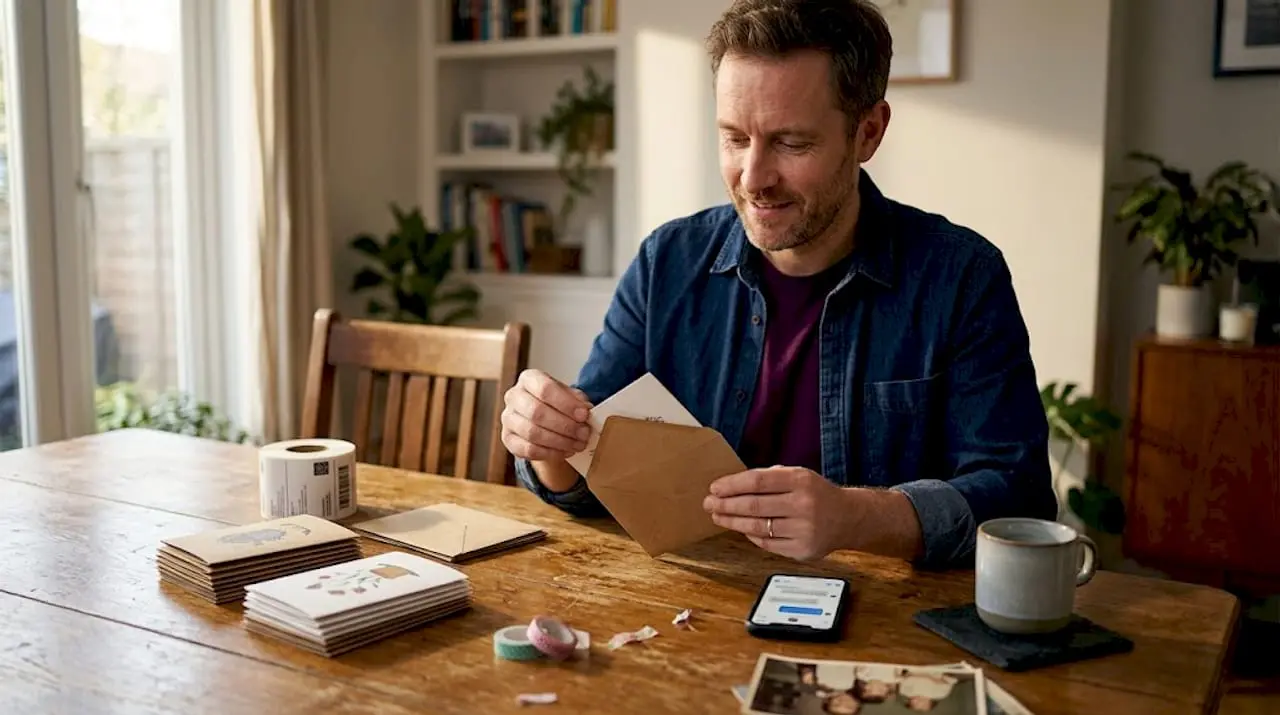 Seller packing handmade cards for shipping