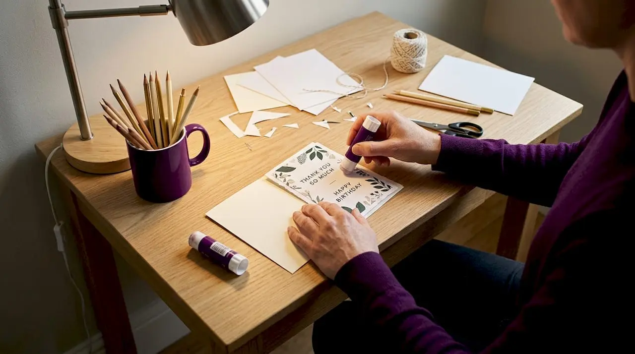 Hands creating printed card front at desk