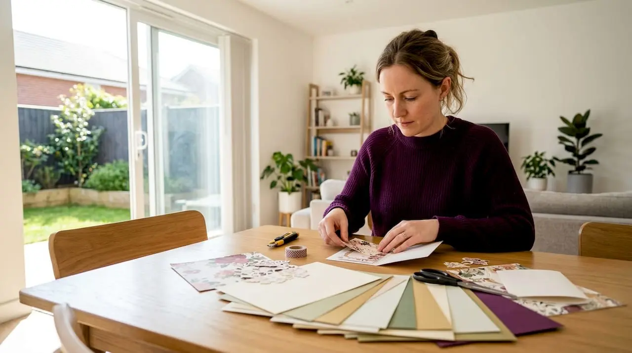 Crafter arranging printables at dining table
