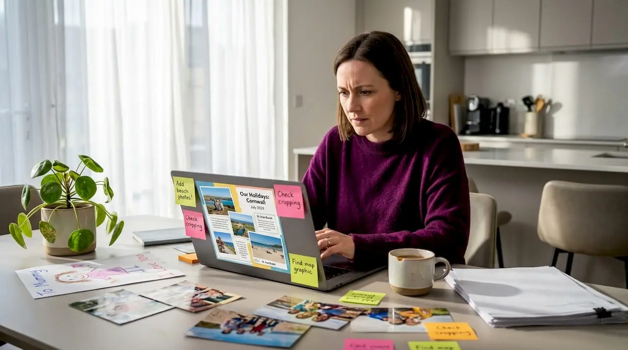 Woman creating digital scrapbook at kitchen table