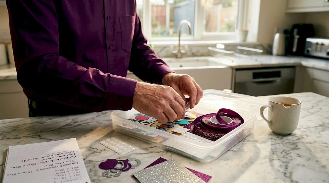 Hands sorting card making supplies on kitchen counter
