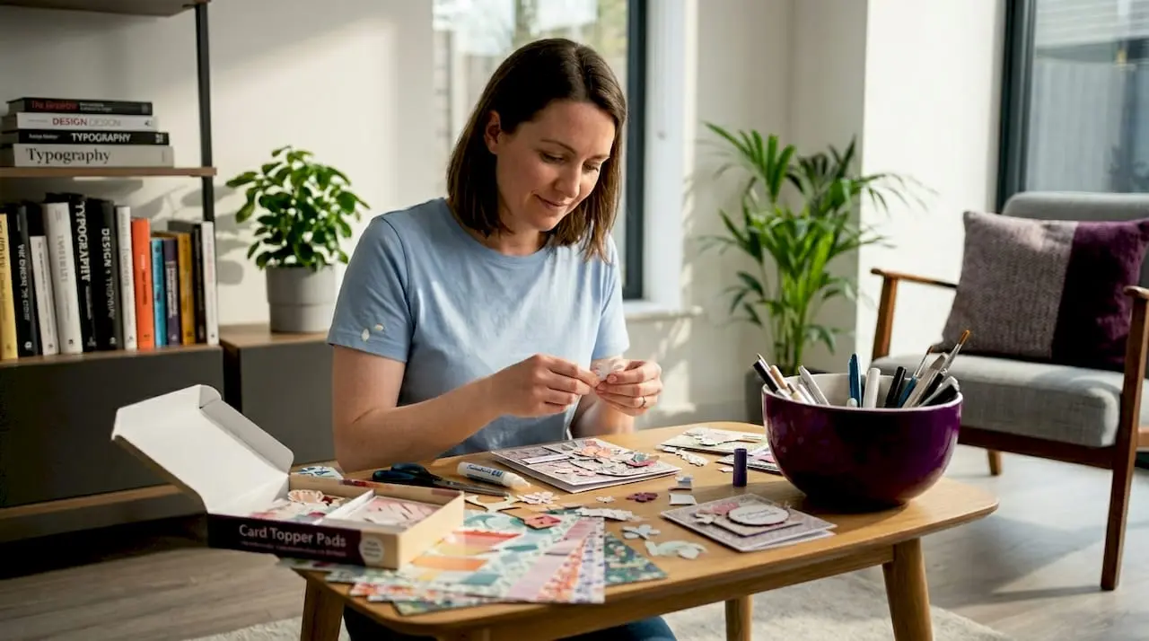 Crafter designing card toppers at home table