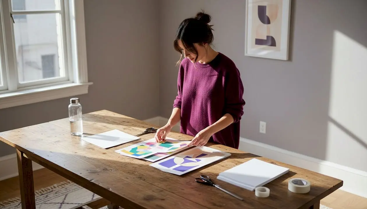 Woman preparing art printables at desk