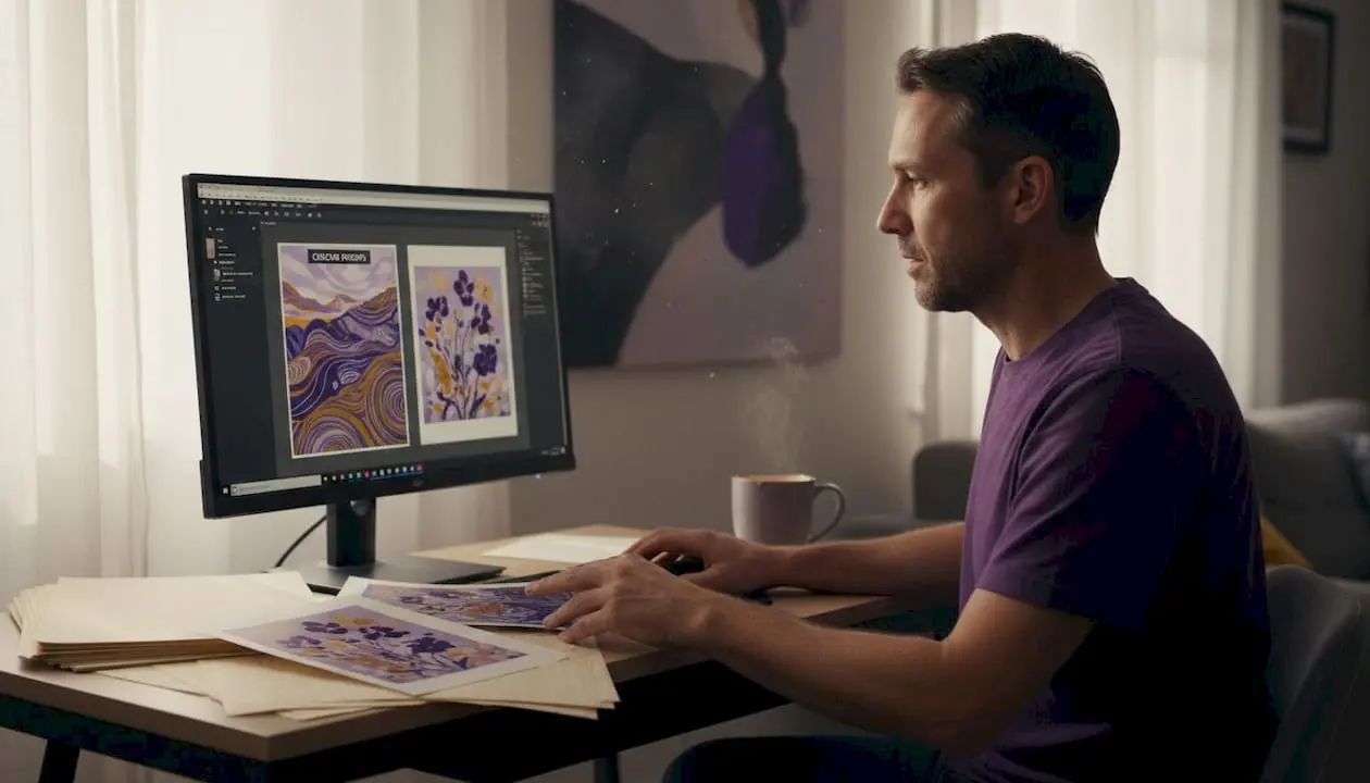 Man comparing digital and printed art files