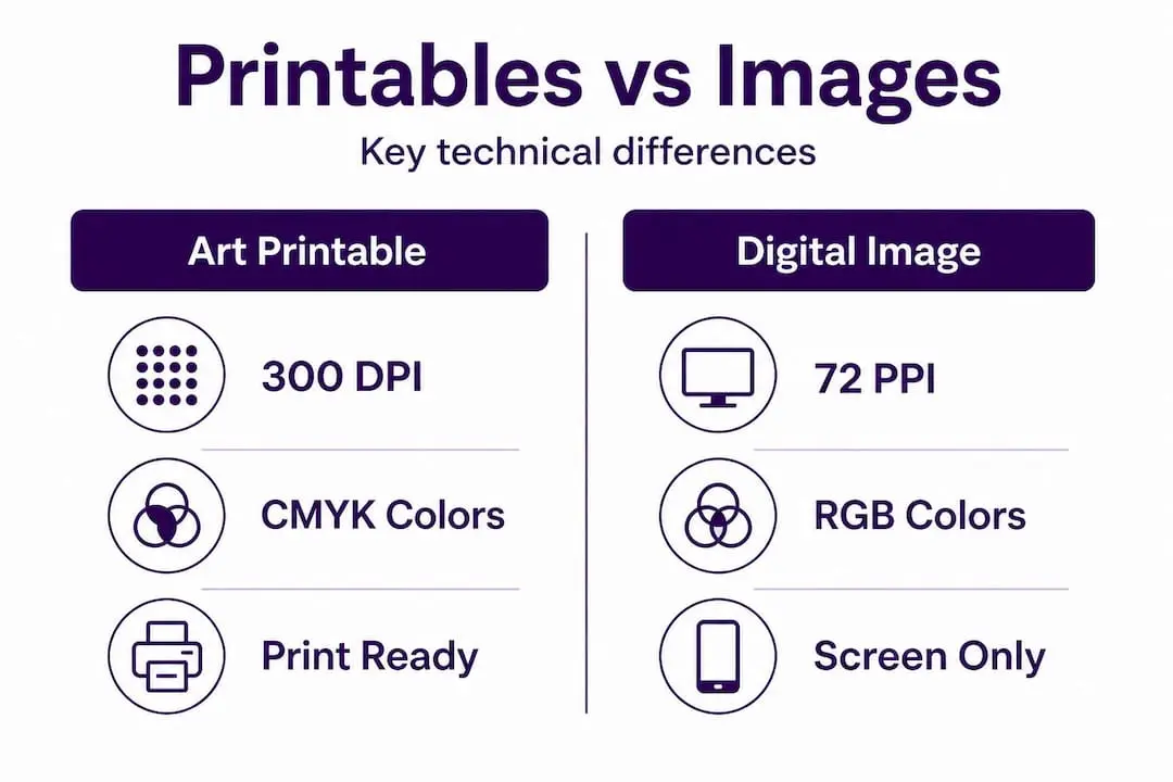 Infographic comparing art printables and digital images