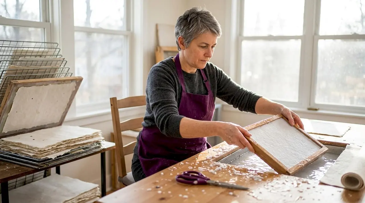 Woman making handmade paper in home studio