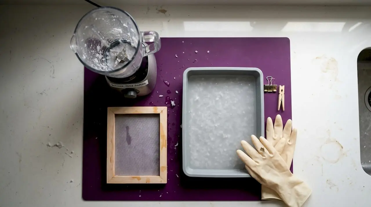 Papermaking tools on kitchen counter
