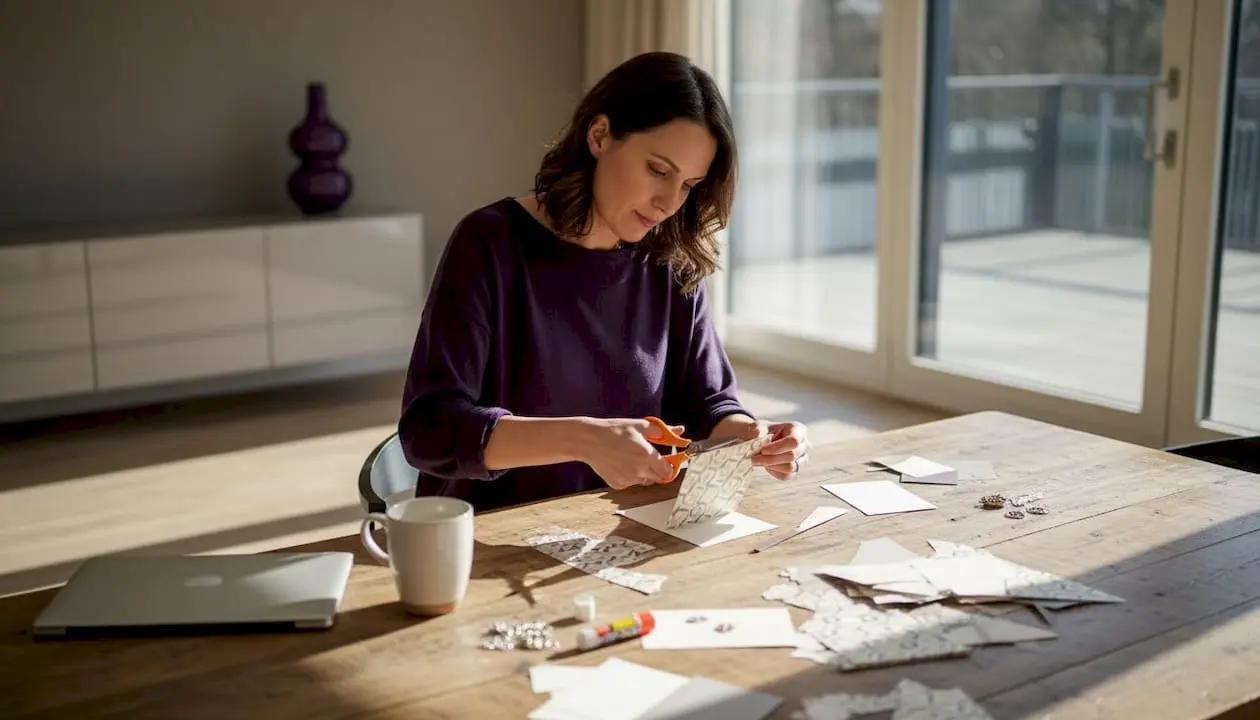 Woman making greeting card at table
