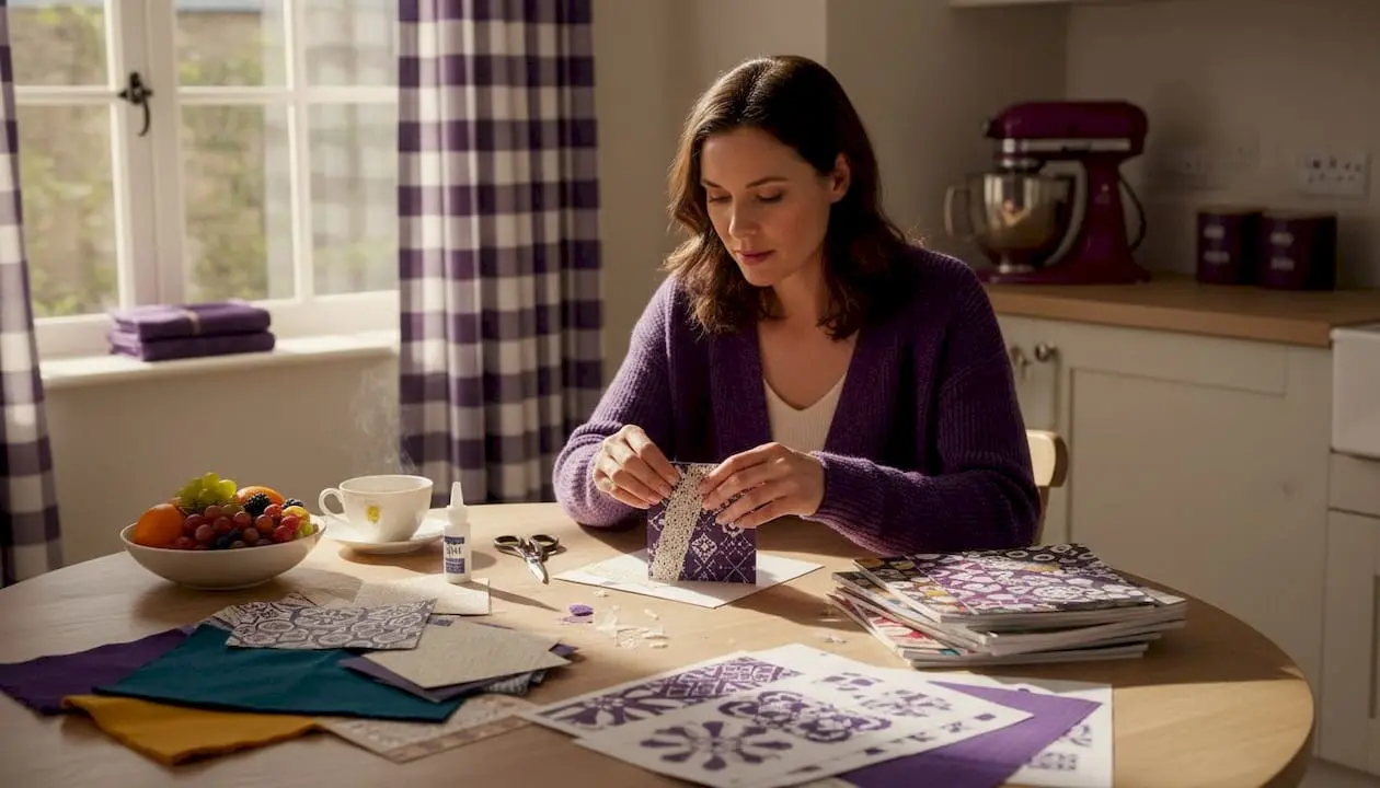Crafter assembling card at sunlit table