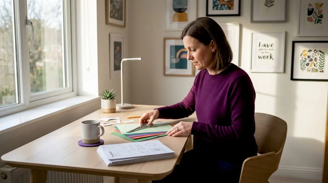 Woman preparing paper crafts in home kitchen