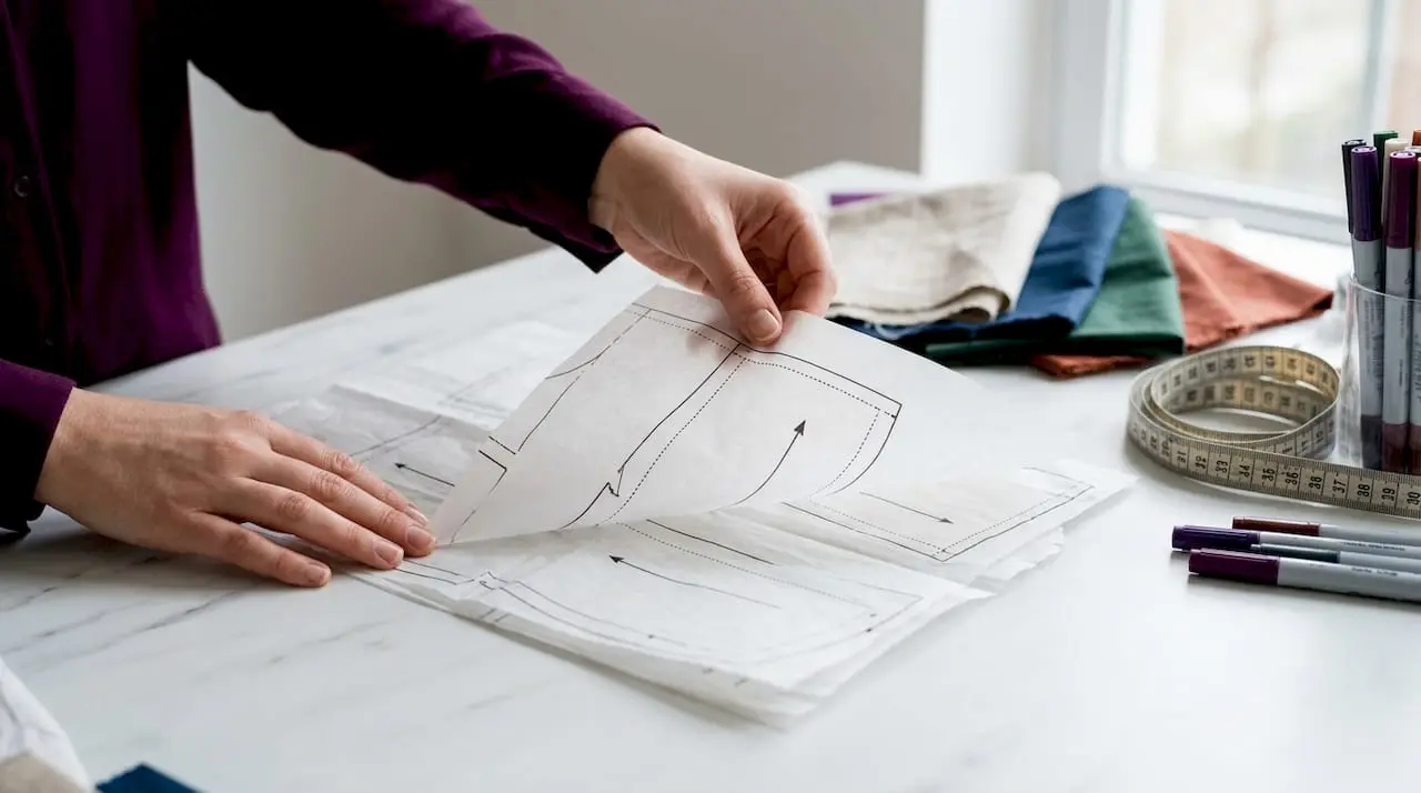 Hands handling delicate tissue sewing pattern