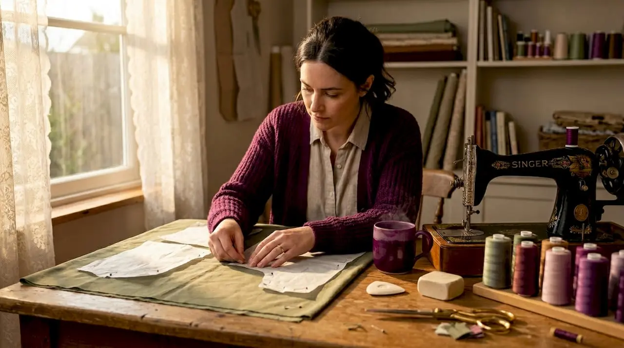 Crafter working with tissue sewing pattern at kitchen table