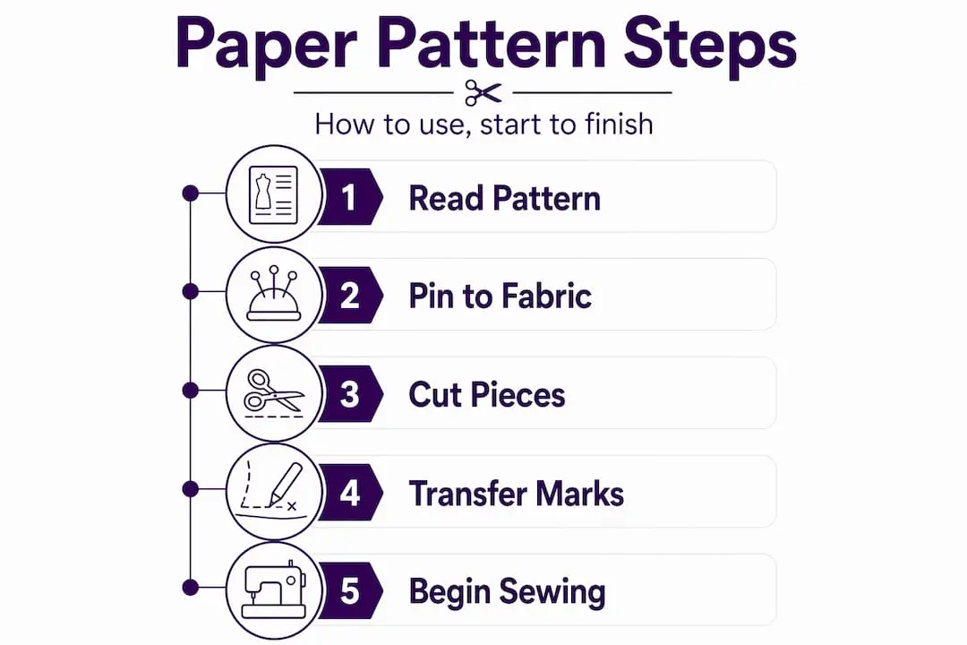 Vertical infographic showing five steps of using paper patterns