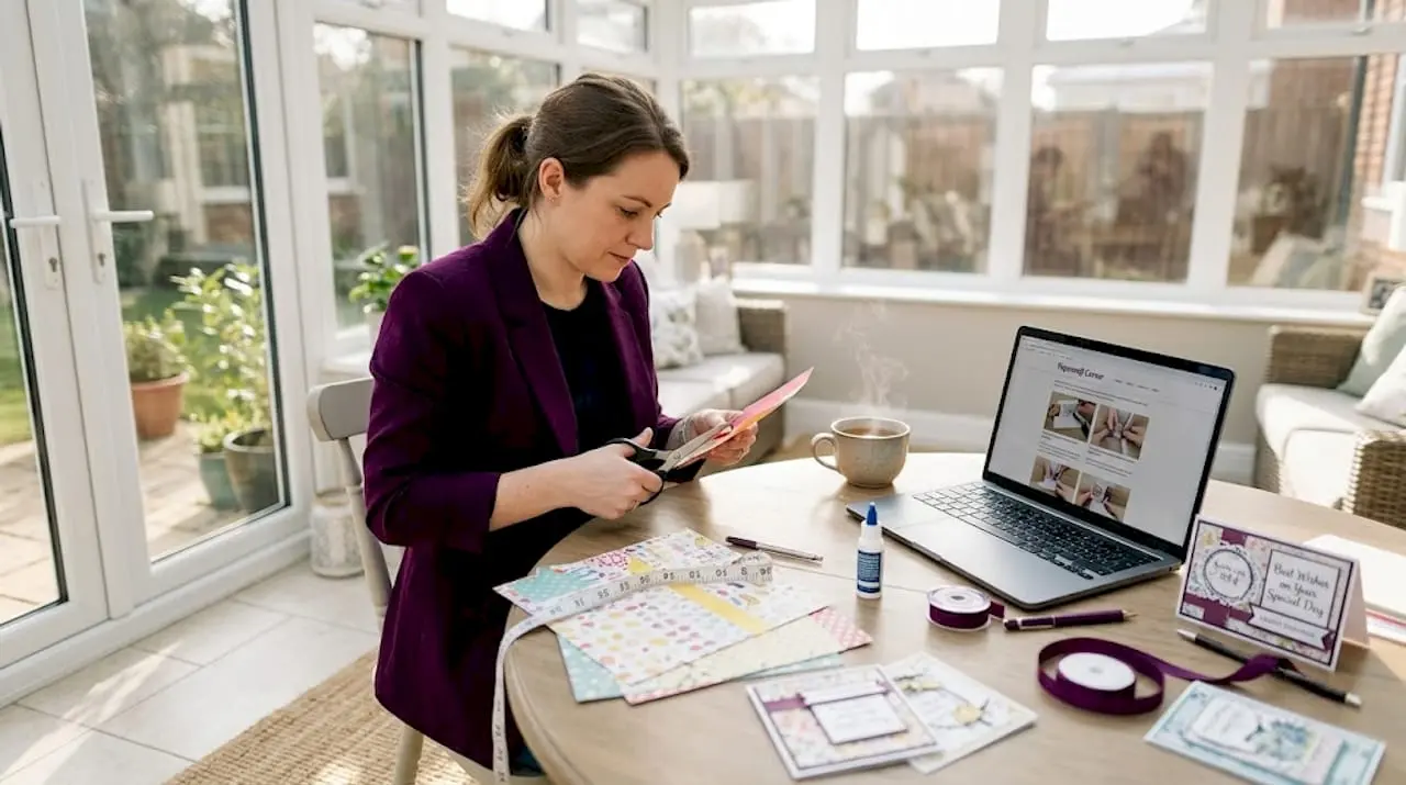 Hobbyist crafting handmade cards at home table