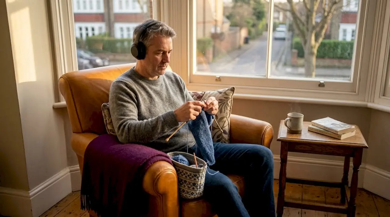 Man knitting on sofa with headphones