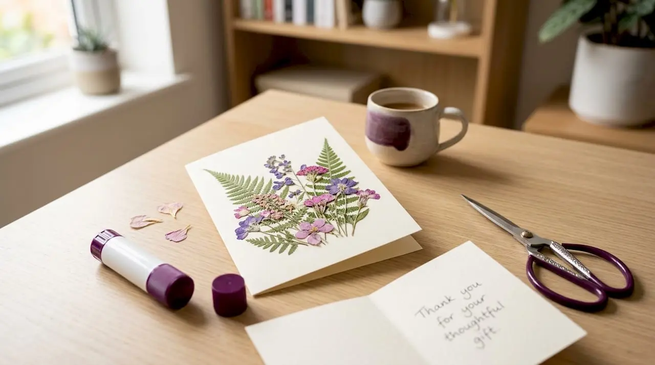 Pressed flower card making on messy table