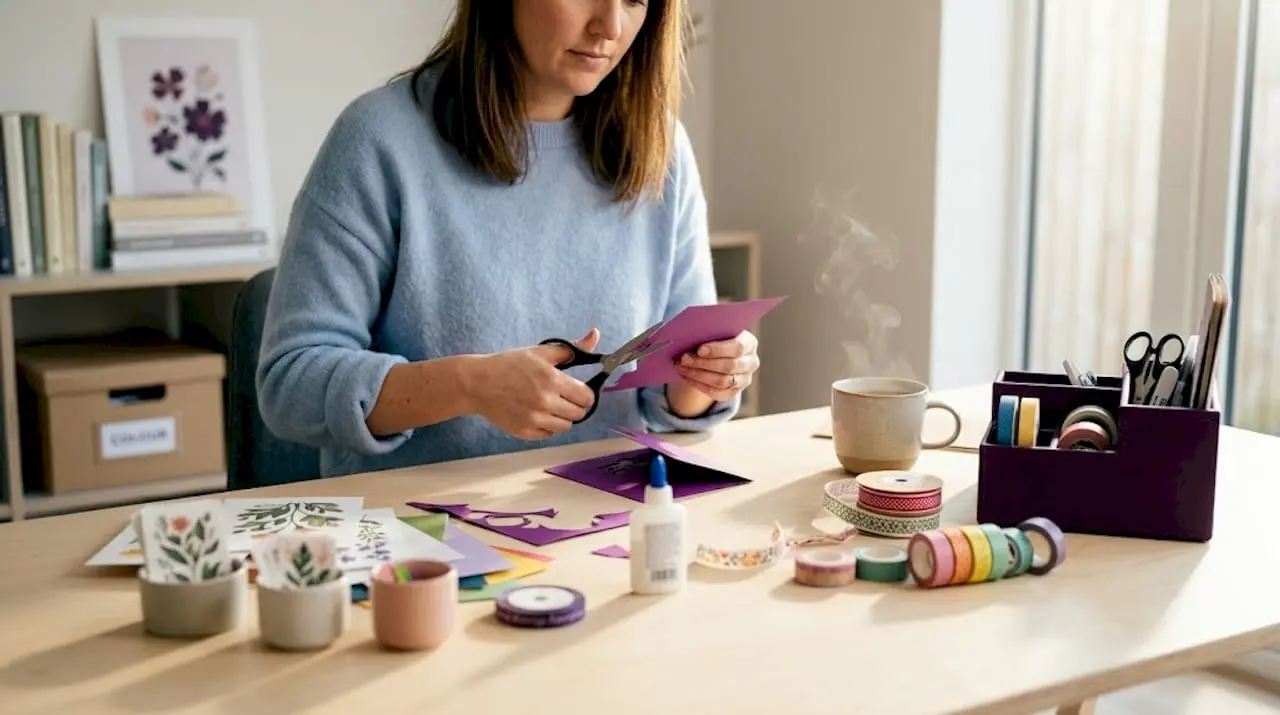Card maker working at a creative craft table