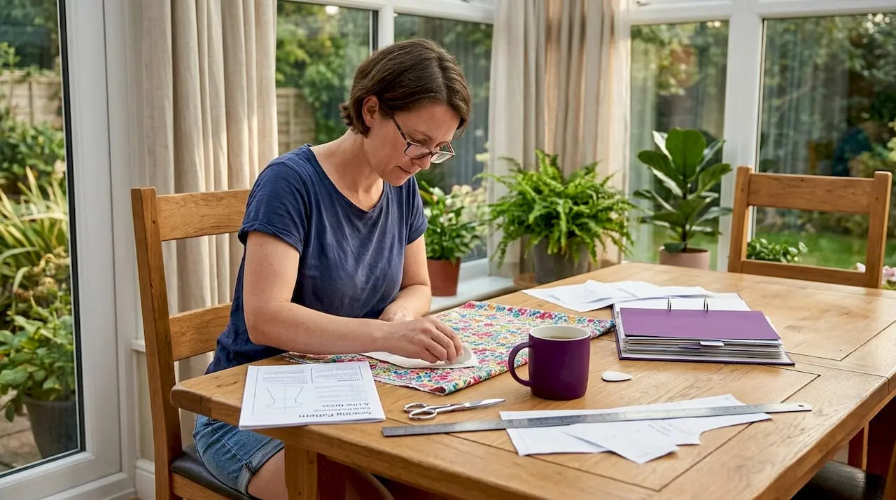 Crafter referencing printed pattern at dining table