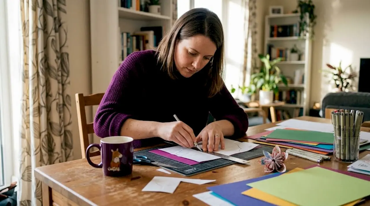 Woman crafting paper at home workspace