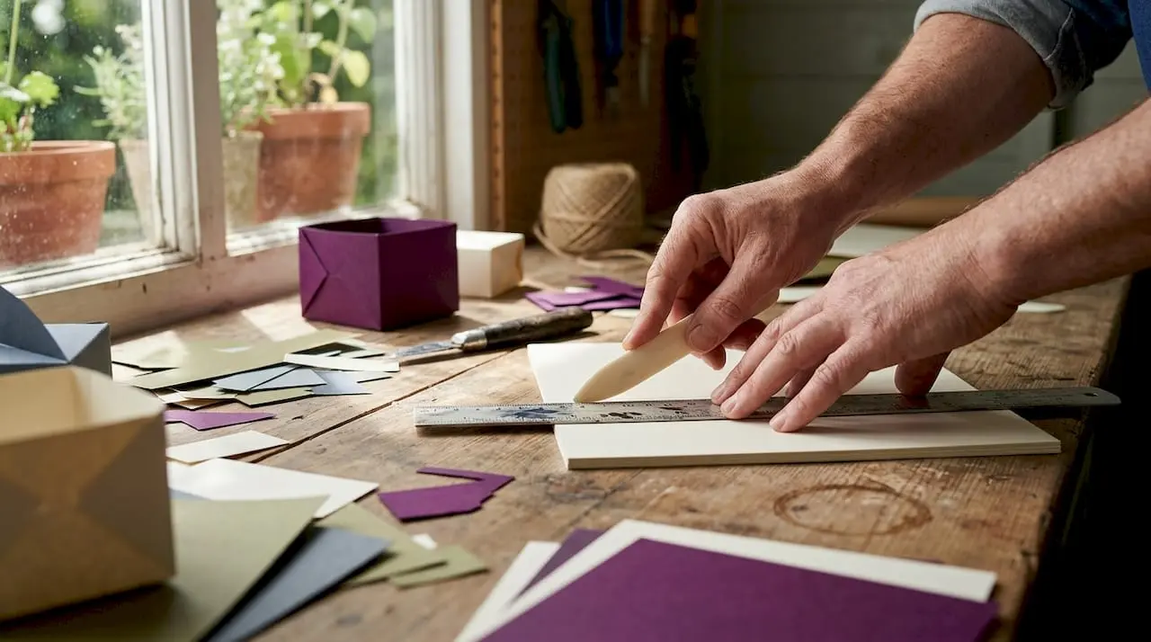Hands scoring cardstock with craft tools