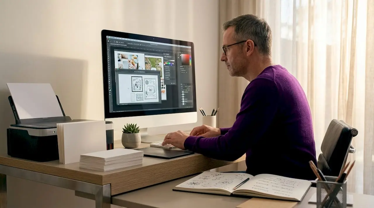 Person editing digital stamp designs on computer