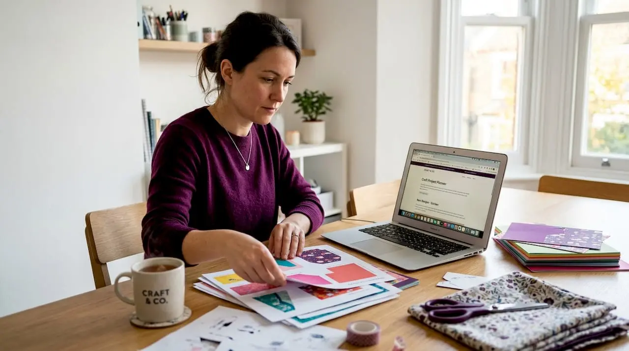 Woman preparing digital craft files at home table