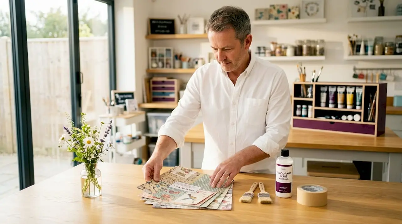 Decoupage supplies arranged on dining table