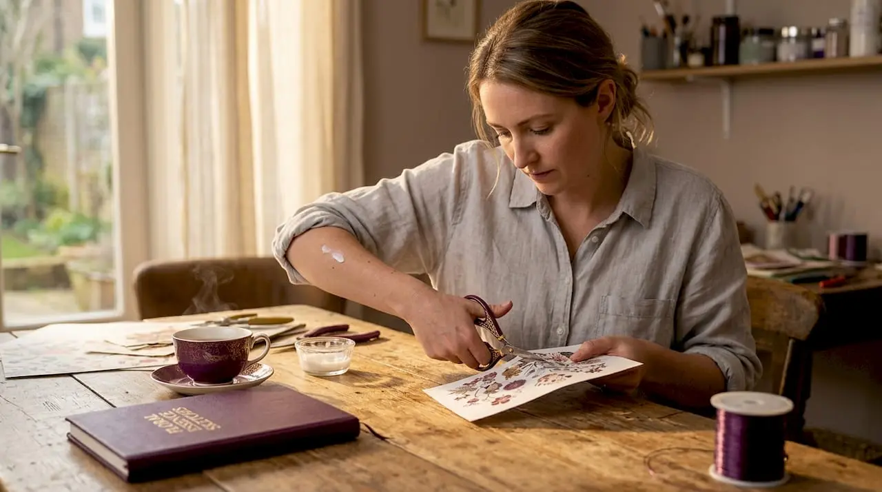 Woman preparing decoupage at kitchen table