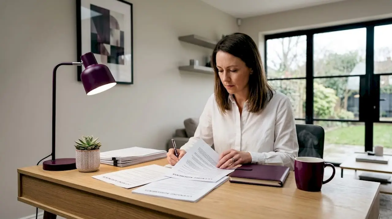 Craft seller reviewing licensing documents at desk